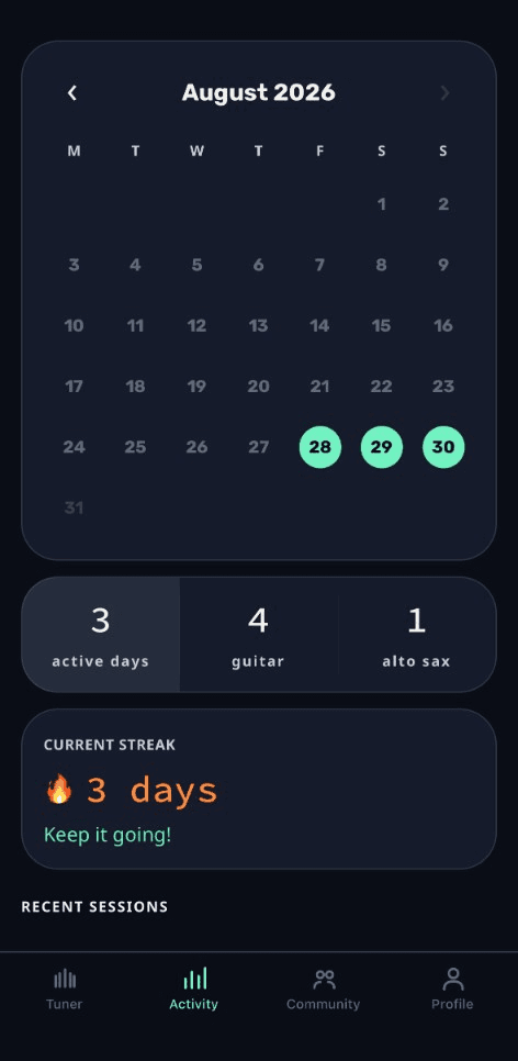 Consona activity calendar and streak on iPhone