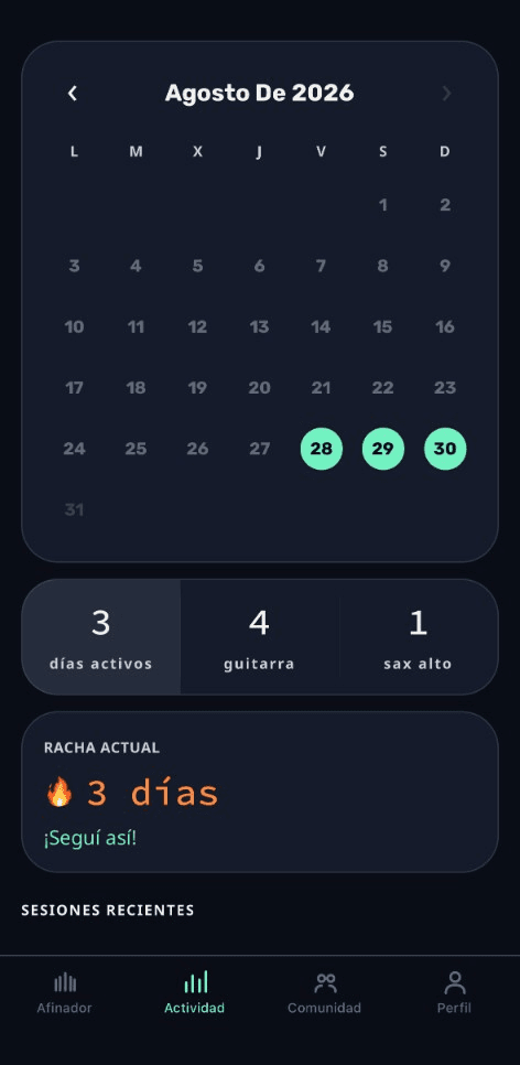 Calendario de actividad y racha de Consona en iPhone